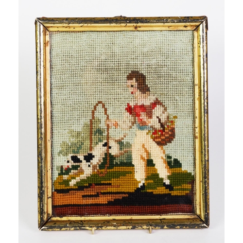 313 - LATE 19th CENTURY WOOLWORK PICTURE OF HOUND, IN MULTI-COLOURS, beside a lake or river, centred on a ... 