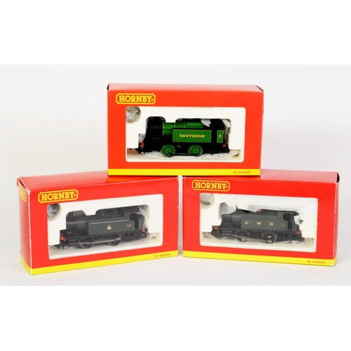 11 - THREE HORNBY OO GAUGE MINT AND BOXED AS NEW 0-4-0 TANK LOCOMOTIVES, viz Southern green No 7, BR dark... 