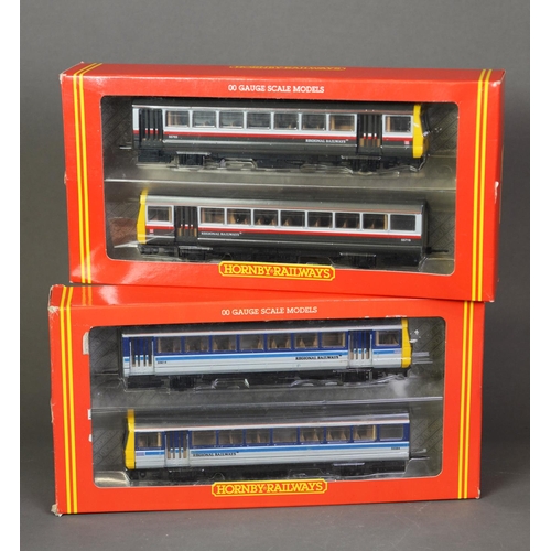 14 - TWO HORNBY RAILWAYS OO GAUGE MINT AND BOXED TWO CAR UNITS OF CLASS 142 BR PACER TWIN RAILBUSES, each... 