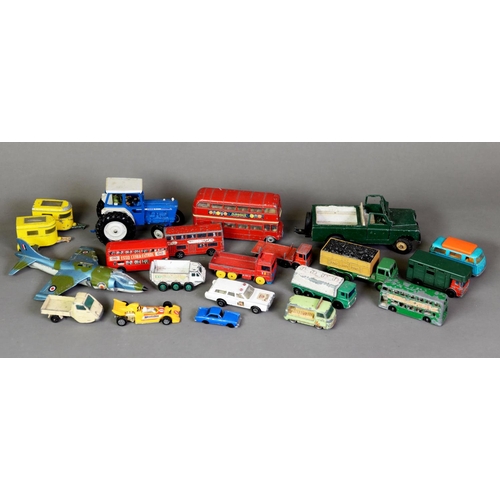 60 - SEVENTEEN PLAYWORN SMALLER SCALE DIE CAST MODEL VEHICLES, including eleven Matchbox pieces - a horse... 