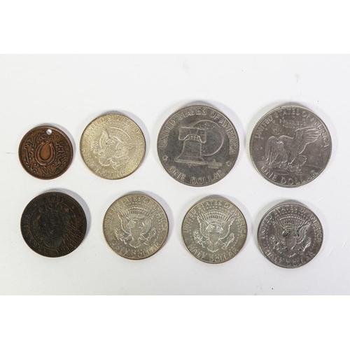 180 - USA 1972 LIBERTY DOLLAR; USA 1776 - 1976 LIBERTY ONE DOLLAR COIN; 3 Kennedy 1966 HALF DOLLARS; one 1... 