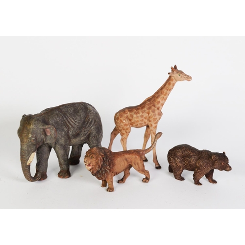 68 - 6 EARLY 20th CENTURY ELASTOLYN TYPE ZOO ANIMALS - elephant, giraffe, lion and bear, with minor losse... 