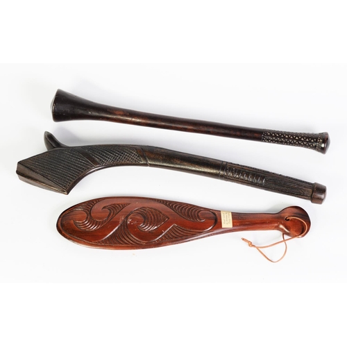 201 - FIJIAN EARLY 20th CENTURY CARVED HARDWOOD WAR CLUB WITH A SPUR, carved to the back edge, simple cheq... 