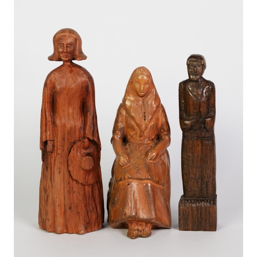 234 - VINTAGE CARVED WOOD FIGURE OF A NUN, seated on a rustic chair, 8 1/2in (21.5cm) high; a vintage rust... 