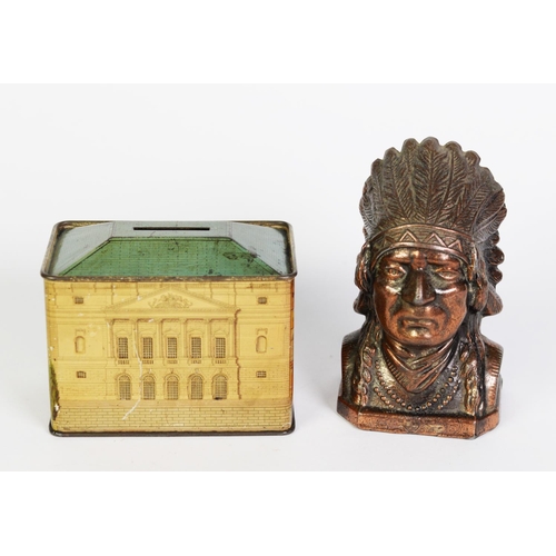 229D - VINTAGE COPPER OXYDISED CAST METAL CHIEFTAIN'S HEAD MONEY BANK with turn out steel base plate, 4 3/4... 