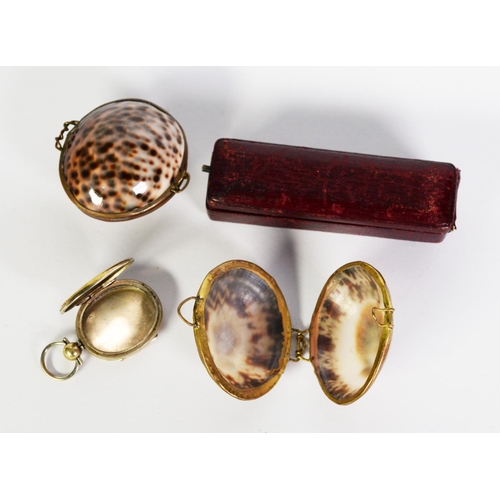 232 - TWO VERY SIMILAR COWRIE SEASHELL AND GILT METAL SMALL BOXES/PURSES with wire pattern hinge and faste... 