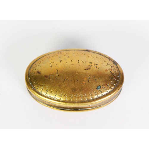 217 - BRASS TRENCH ART OVAL SNUFF BOX, the hinge lid impressed HD Jones 192(7)? Gwynfryn, simple stamped d... 