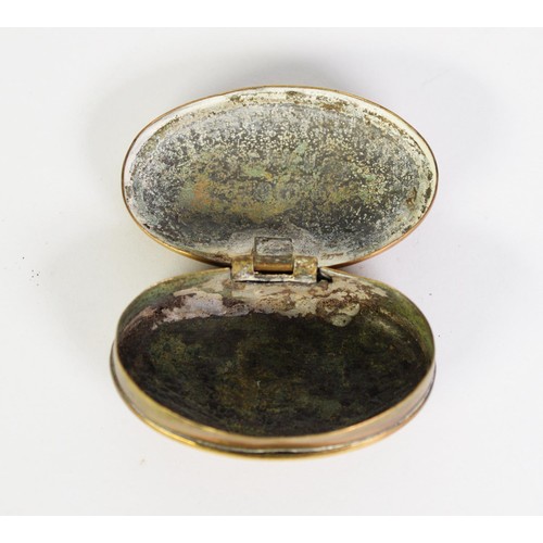 217 - BRASS TRENCH ART OVAL SNUFF BOX, the hinge lid impressed HD Jones 192(7)? Gwynfryn, simple stamped d... 