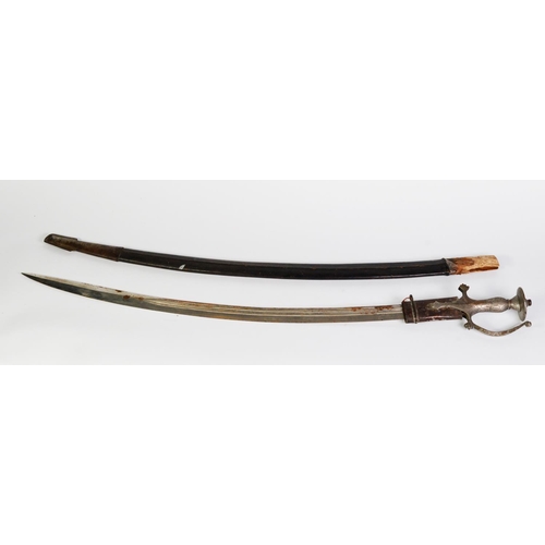 214 - 19th CENTURY INDIAN TULWAR with curved fullered blade, 26in (66cm) long, cast metal hilt and D shape... 