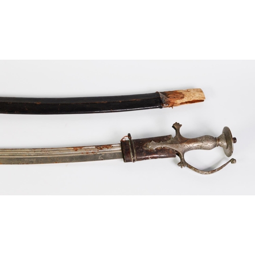 214 - 19th CENTURY INDIAN TULWAR with curved fullered blade, 26in (66cm) long, cast metal hilt and D shape... 