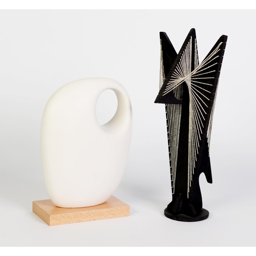 236 - MANNER OF BARBARA HEPWORTH, porcelain sculpture on wooden plinth base, together with a 1970s string ... 