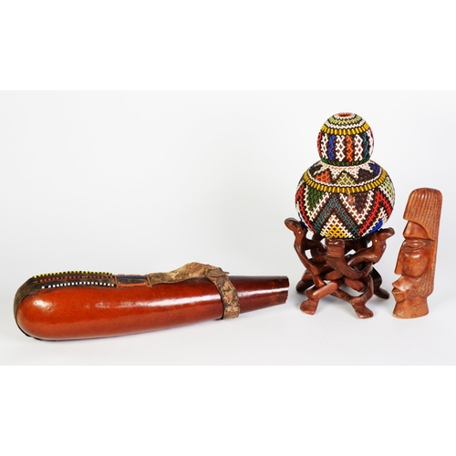 240 - MASAI GOURD WATER CARRIER, with beadwork decoration, plus a Masai double gourd with beadwork cover o... 