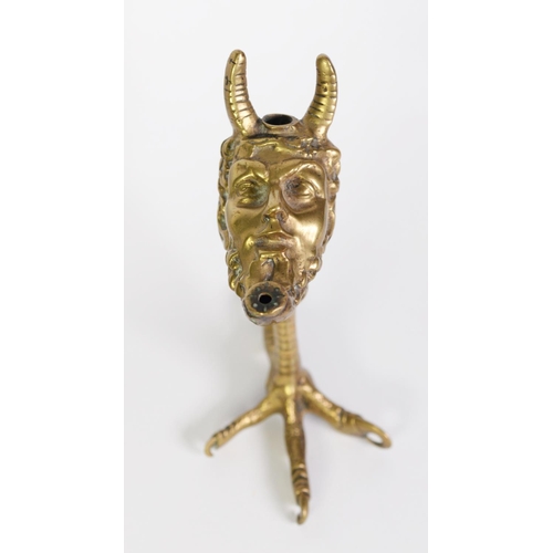 246 - 19TH CENTURY GRECO-ROMAN STYLE BRASS OIL LAMP, modelled as a Satyr mask upturned on a gryphon claw, ... 