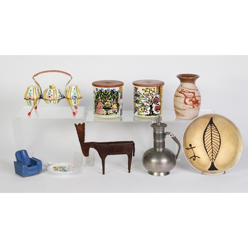 249 - SMALL GROUP OF MID-CENTURY SCANDINAVIAN ITEMS, including a pair of ceramic storage jars, butter boat... 