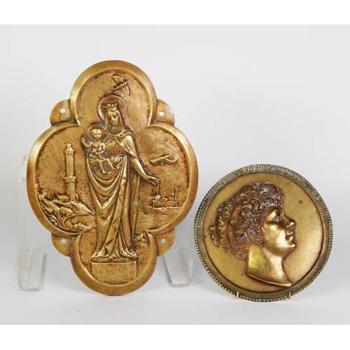 254 - ART DECO QUATREFOIL ALLEGORICAL BRASS PLAQUE, of the Virgin Madonna and Child c.1930 signed Morera, ... 