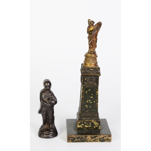 259 - EARLY 20TH CENTURY SCULPTURE OF WINGED VICTORY, on green painted square column, plus a smaller iron ... 