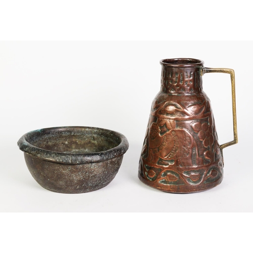 261 - 19TH CENTURY PERSIAN COPPER FLAGON, with shallow relief animals amongst foliage, plus a cast and wro... 