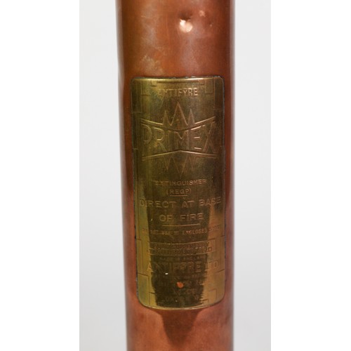 290 - PRIMUS VINTAGE COPPER AND BRASS CYLINDRICAL FIRE EXTINGUISHER - ANTIFYRE, liquid under pressure acti... 