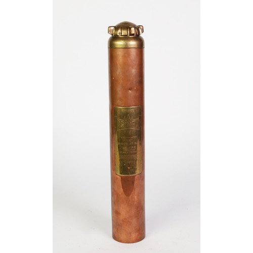 290 - PRIMUS VINTAGE COPPER AND BRASS CYLINDRICAL FIRE EXTINGUISHER - ANTIFYRE, liquid under pressure acti... 