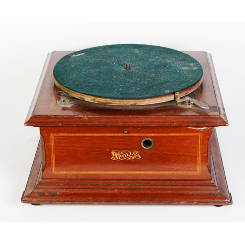 295 - APOLLO TABLE TOP SPRING DRIVEN RECORD TURNTABLE, inlaid mahogany cabinet with boxwood and ebony stri... 