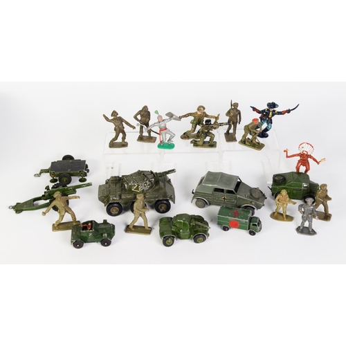 65 - FIVE DINKY TOY DIE CAST MILITARY VEHICLES; a Match Truck and a quantity of PLASTIC FIGURES, mainly m... 