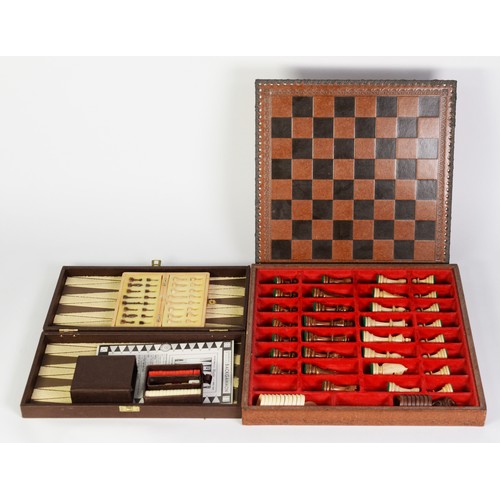 311 - CHINESE MAH JONG SET; PLASTIC CHESS SET and draughts set, in fitted box with leather removable chess... 