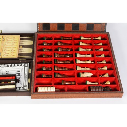 311 - CHINESE MAH JONG SET; PLASTIC CHESS SET and draughts set, in fitted box with leather removable chess... 