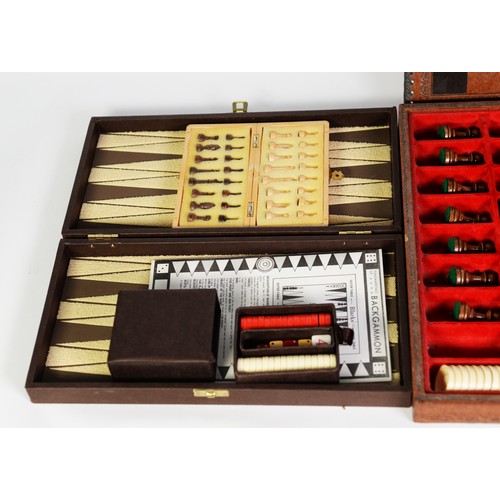 311 - CHINESE MAH JONG SET; PLASTIC CHESS SET and draughts set, in fitted box with leather removable chess... 