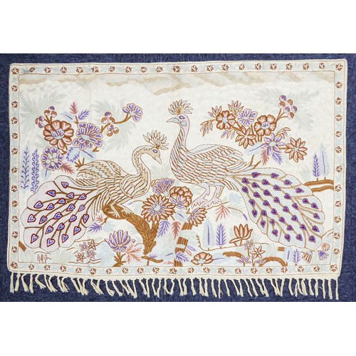 315 - CIRCA 1990s BURMESE SILK EMBROIDERED WALL HANGING, depicting two peacocks amongst flowering plants, ... 