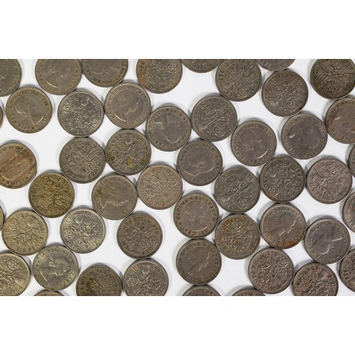 182 - FIFTY FIVE ELIZABETH II SIX PENNY PRE-DECIMAL COINS, 1950s/60s; 10 mainly George VI FARTHINGS and 9 ... 