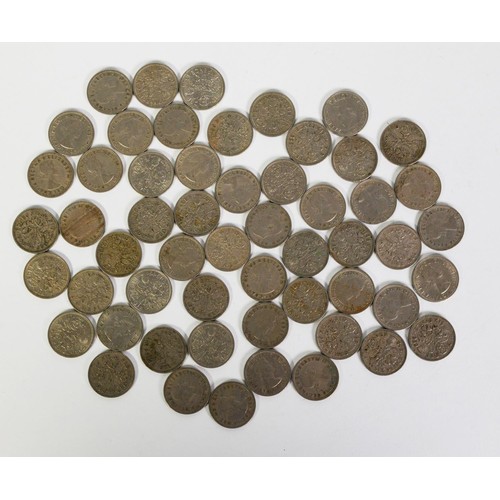 182 - FIFTY FIVE ELIZABETH II SIX PENNY PRE-DECIMAL COINS, 1950s/60s; 10 mainly George VI FARTHINGS and 9 ... 