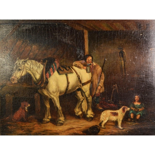 241 - UNATTRIBUTED (NINETEENTH CENTURY) OIL PAINTING Stable scene with farrier and daughter, horse and two... 