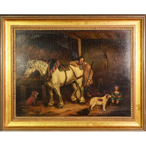 241 - UNATTRIBUTED (NINETEENTH CENTURY) OIL PAINTING Stable scene with farrier and daughter, horse and two... 