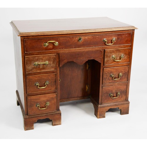 199 - GEORGE III MAHOGANY KNEE-HOLE DESK, the single frieze drawer with swan-neck handles surmounts twin p... 