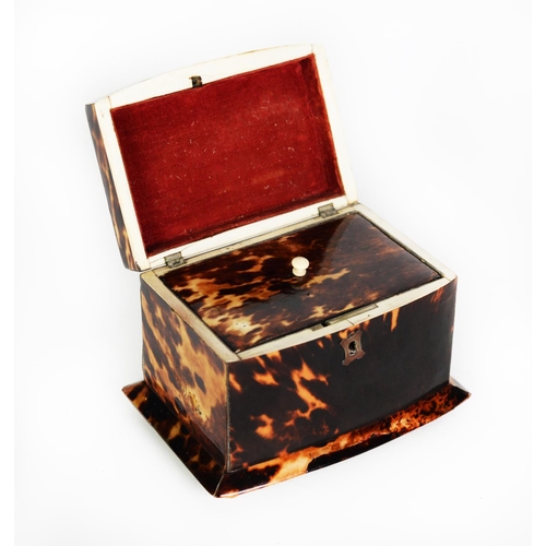 107 - NINETEENTH CENTURY BOW FRONTED TORTOISESHELL TEA CADDY, with single lidded compartment to the interi... 