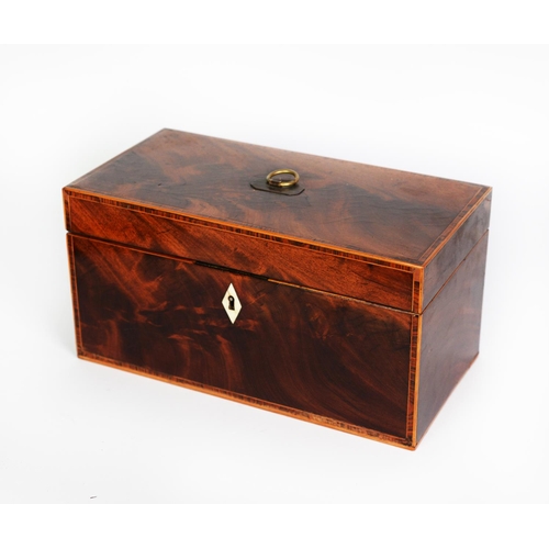 109 - GEORGE III FLAME CUT MAHOGANY AND LINE INLAID TEA CADDY, of oblong form with brass loop handle to th... 