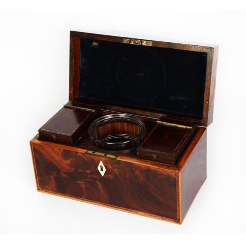 109 - GEORGE III FLAME CUT MAHOGANY AND LINE INLAID TEA CADDY, of oblong form with brass loop handle to th... 