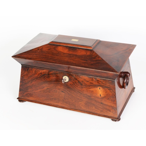 110 - VICTORIAN ROSEWOOD LARGE TEA CADDY, of sarcophagus form with ring handles to the sides and compresse... 