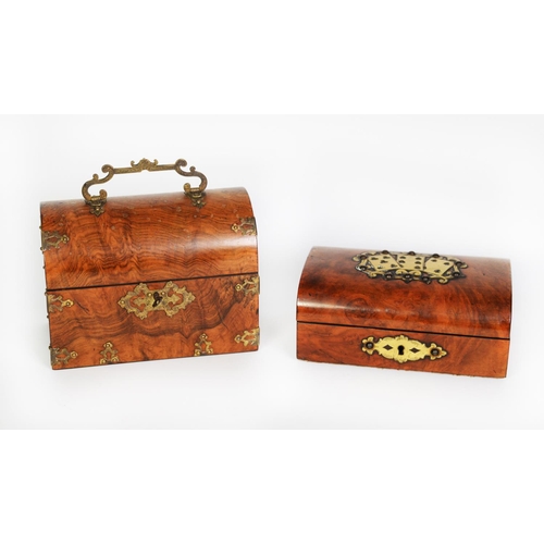 111 - VICTORIAN FIGURED WALNUT AND BRASS MOUNTED DOME TOP STATIONERY BOX, with fancy top handle and mounts... 