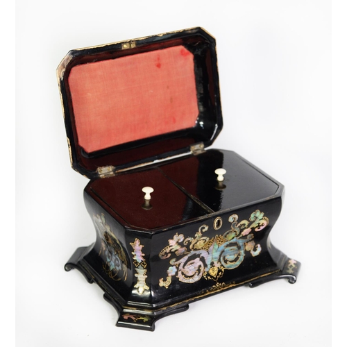 113 - VICTORIAN BLACK LACQUERED PAPIER MACHE AND MOTHER OF PEARL INLAID TEA CADDY, of canted and waisted o... 