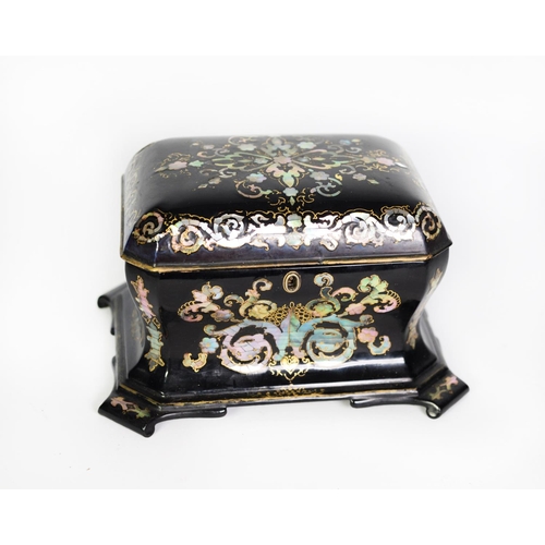 113 - VICTORIAN BLACK LACQUERED PAPIER MACHE AND MOTHER OF PEARL INLAID TEA CADDY, of canted and waisted o... 