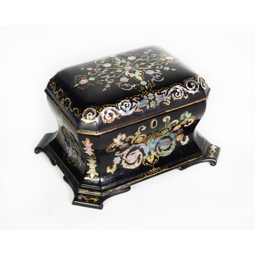 113 - VICTORIAN BLACK LACQUERED PAPIER MACHE AND MOTHER OF PEARL INLAID TEA CADDY, of canted and waisted o... 