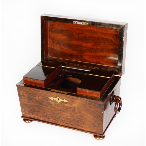 114 - REGENCY ROSEWOOD AND BRASS INLAID LARGE TEA CADDY, of sarcophagus form with ring handles to the side... 