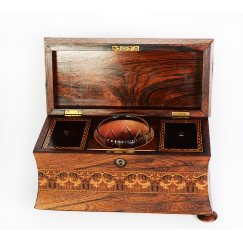 115 - GOOD NINETEENTH CENTURY ROSEWOOD AND TUNBRIDGE WARE TEA CADDY, of waisted oblong form with slightly ... 