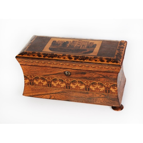 115 - GOOD NINETEENTH CENTURY ROSEWOOD AND TUNBRIDGE WARE TEA CADDY, of waisted oblong form with slightly ... 