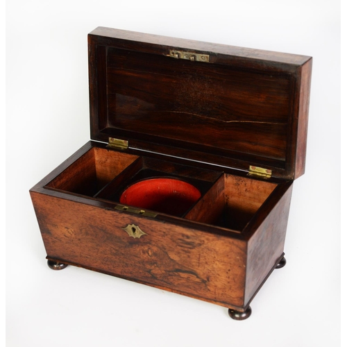 116 - NINETEENTH CENTURY ROSEWOOD TEA CADDY, of sarcophagus form with compressed bun feet, 8” (20.3cm) hig... 