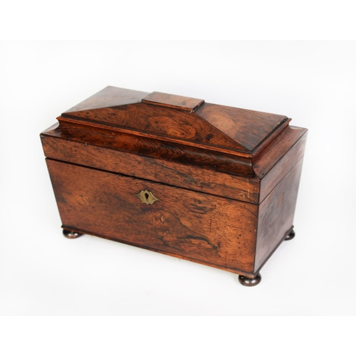 116 - NINETEENTH CENTURY ROSEWOOD TEA CADDY, of sarcophagus form with compressed bun feet, 8” (20.3cm) hig... 