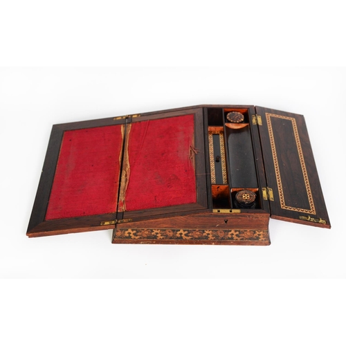 120 - GOOD VICTORIAN ROSEWOOD AND TUNBRIDGE WARE PORTABLE AND LOCKABLE WRITING SLOPE, of slightly flared o... 