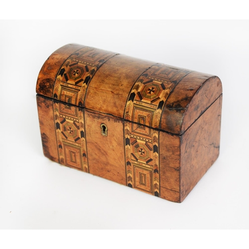 122 - VICTORIAN FIGURED WALNUT AND TUNBRIDGE WARE BANDED DOME TOP TEA CADDY, with twin lidded compartment ... 