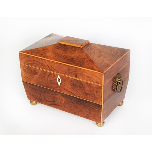 124 - NINETEENTH CENTURY ROSEWOOD AND LINE INLAID TEA CADDY, of sarcophagus form with grape cast brass rin... 